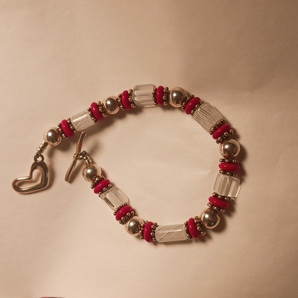 925 Silver Red & WHITE Glass BEADED Bracelet ART GLASS Whimsical Whimsigoth - Picture 3 of 6